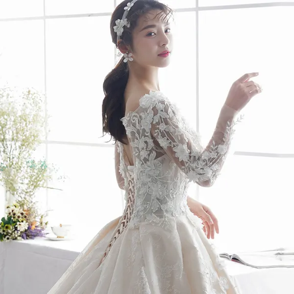 Luxury / Gorgeous Champagne Pierced Wedding Dresses 2019 A-Line / Princess Scoop Neck Long Sleeve Backless Appliques Lace Pearl Cathedral Train Ruffle