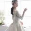 Luxury / Gorgeous Champagne Pierced Wedding Dresses 2019 A-Line / Princess Scoop Neck Long Sleeve Backless Appliques Lace Pearl Cathedral Train Ruffle
