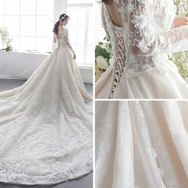 Luxury / Gorgeous Champagne Pierced Wedding Dresses 2019 A-Line / Princess Scoop Neck Long Sleeve Backless Appliques Lace Pearl Cathedral Train Ruffle