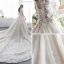 Luxury / Gorgeous Champagne Pierced Wedding Dresses 2019 A-Line / Princess Scoop Neck Long Sleeve Backless Appliques Lace Pearl Cathedral Train Ruffle