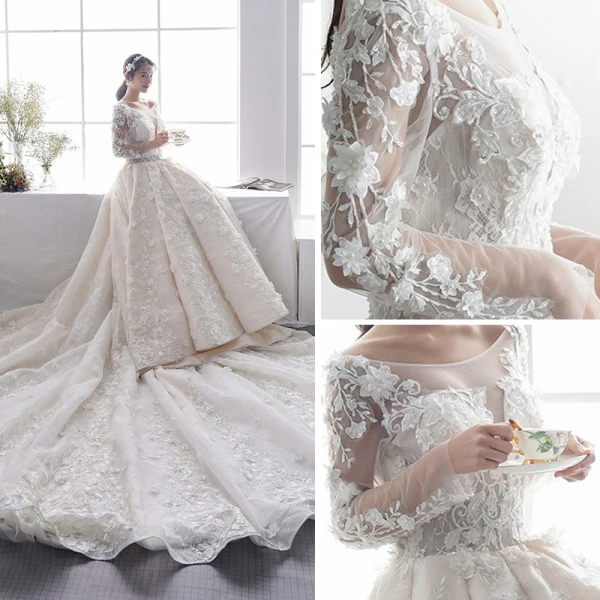 Luxury / Gorgeous Champagne Pierced Wedding Dresses 2019 A-Line / Princess Scoop Neck Long Sleeve Backless Appliques Lace Pearl Cathedral Train Ruffle