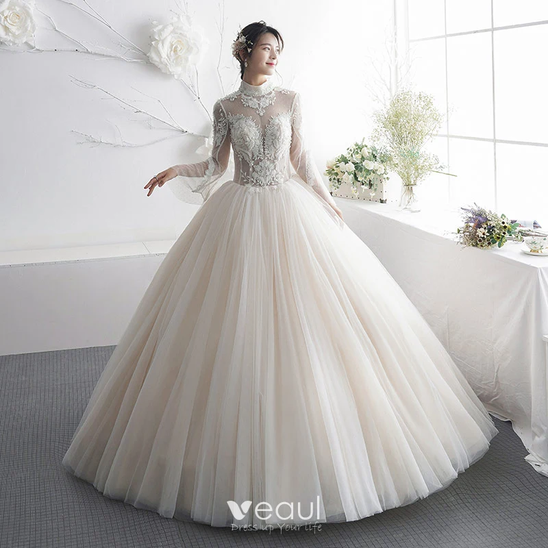 A-Line Illusion Scoop Neck Long Sleeve Lace Champagne Tulle Wedding Dress