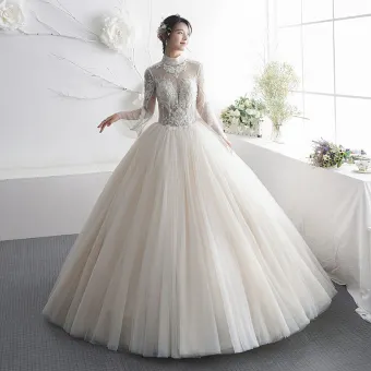 Illusion Champagne Transparentes Robe De Mariée 2019 Princesse Col Haut Manches De Cloche Dos Nu Appliques En Dentelle Perlage Longue Volants