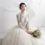 Illusion Champagner Durchsichtige Brautkleider / Hochzeitskleider 2019 A Linie Stehkragen Glockenhülsen Rückenfreies Applikationen Spitze Perlenstickerei Lange Rüschen