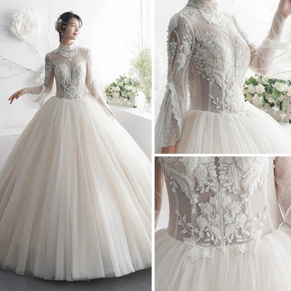 Illusion Champagner Durchsichtige Brautkleider / Hochzeitskleider 2019 A Linie Stehkragen Glockenhülsen Rückenfreies Applikationen Spitze Perlenstickerei Lange Rüschen
