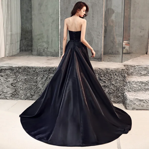 Elegant Svart Satin Selskapskjoler 2019 Prinsesse Kjæreste Uten Ermer Beading Sløyfe Sash Feie Tog Buste Ryggløse Formelle Kjoler