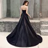 Elegant Black Satin Evening Dresses  2019 A-Line / Princess Sweetheart Sleeveless Beading Bow Sash Sweep Train Ruffle Backless Formal Dresses