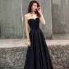 Elegant Black Satin Evening Dresses  2019 A-Line / Princess Sweetheart Sleeveless Beading Bow Sash Sweep Train Ruffle Backless Formal Dresses