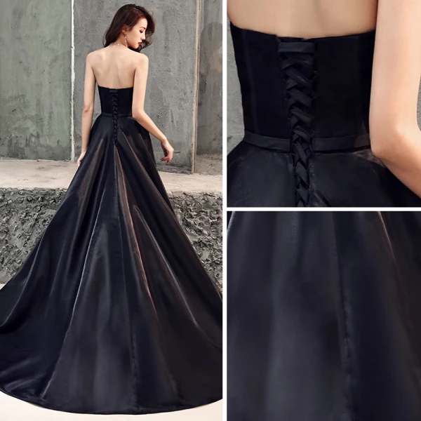 Elegant Svart Satin Selskapskjoler 2019 Prinsesse Kjæreste Uten Ermer Beading Sløyfe Sash Feie Tog Buste Ryggløse Formelle Kjoler