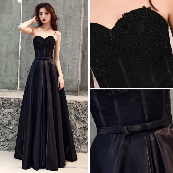 Elegant Svart Satin Selskapskjoler 2019 Prinsesse Kjæreste Uten Ermer Beading Sløyfe Sash Feie Tog Buste Ryggløse Formelle Kjoler
