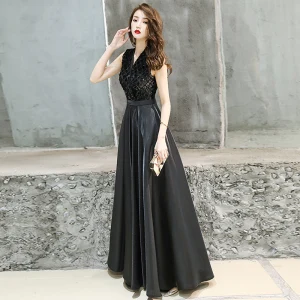 Abordable Noire Robe De Soirée 2019 Princesse V Cou Sans Manches Ceinture Glitter Paillettes Longue Volants Robe De Ceremonie