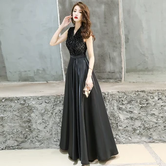 Abordable Noire Robe De Soirée 2019 Princesse V Cou Sans Manches Ceinture Glitter Paillettes Longue Volants Robe De Ceremonie