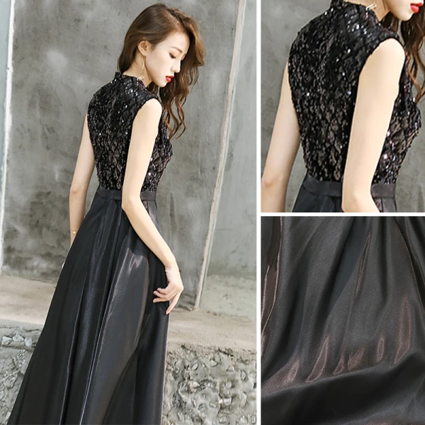 Abordable Noire Robe De Soirée 2019 Princesse V-Cou Sans Manches Ceinture Glitter Paillettes Longue Volants Robe De Ceremonie