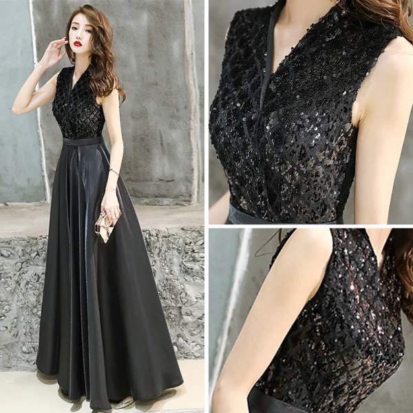 Abordable Noire Robe De Soirée 2019 Princesse V-Cou Sans Manches Ceinture Glitter Paillettes Longue Volants Robe De Ceremonie