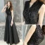 Abordable Noire Robe De Soirée 2019 Princesse V-Cou Sans Manches Ceinture Glitter Paillettes Longue Volants Robe De Ceremonie