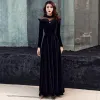 Élégant Noire Daim Transparentes Hiver Robe De Soirée 2019 Princesse Col Haut Manches Longues Longue Volants Satin Robe De Ceremonie
