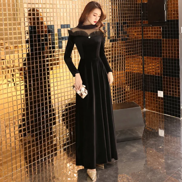 Elegant Black Suede See-through Winter Evening Dresses  2019 A-Line / Princess High Neck Long Sleeve Floor-Length / Long Ruffle Satin Formal Dresses