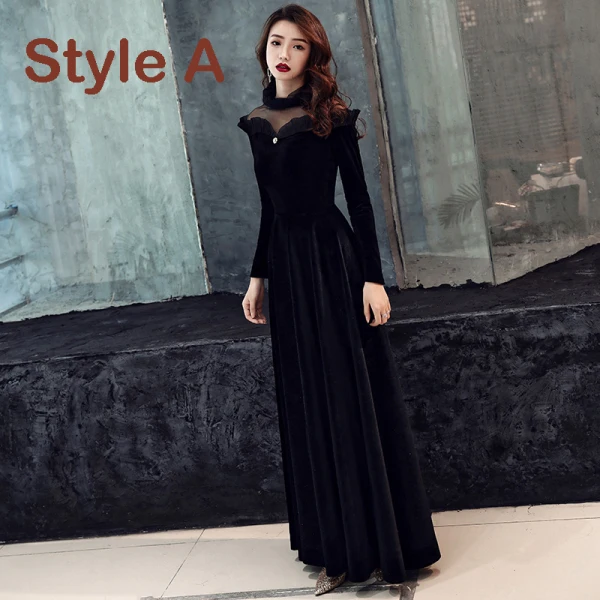 Elegant Black Suede See-through Winter Evening Dresses  2019 A-Line / Princess High Neck Long Sleeve Floor-Length / Long Ruffle Satin Formal Dresses