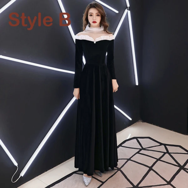 Elegant Black Suede See-through Winter Evening Dresses  2019 A-Line / Princess High Neck Long Sleeve Floor-Length / Long Ruffle Satin Formal Dresses