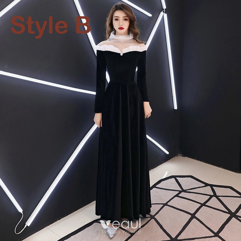 Elegant Black Suede See-through Winter Evening Dresses 2019 A-Line / Princess High Neck Long Sleeve Floor-Length / Long Ruffle Satin Formal Dresses Elegant Black Suede See-through Winter Evening Dresses 2019 A-Line / Princess High Neck Long Sleeve Floor-Length / Long Ruffle Satin Formal Dresses