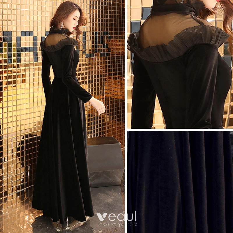 Elegant Black Suede See-through Winter Evening Dresses 2019 A-Line / Princess High Neck Long Sleeve Floor-Length / Long Ruffle Satin Formal Dresses Elegant Black Suede See-through Winter Evening Dresses 2019 A-Line / Princess High Neck Long Sleeve Floor-Length / Long Ruffle Satin Formal Dresses