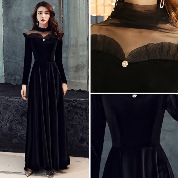 Elegant Black Suede See-through Winter Evening Dresses  2019 A-Line / Princess High Neck Long Sleeve Floor-Length / Long Ruffle Satin Formal Dresses