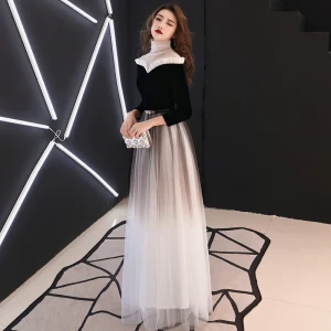 Vintage Svart Gradient Farge Gjennomsiktig Selskapskjoler 2019 Prinsesse Høy Hals 3 4 Ermer Metall Sash Lange Buste Formelle Kjoler
