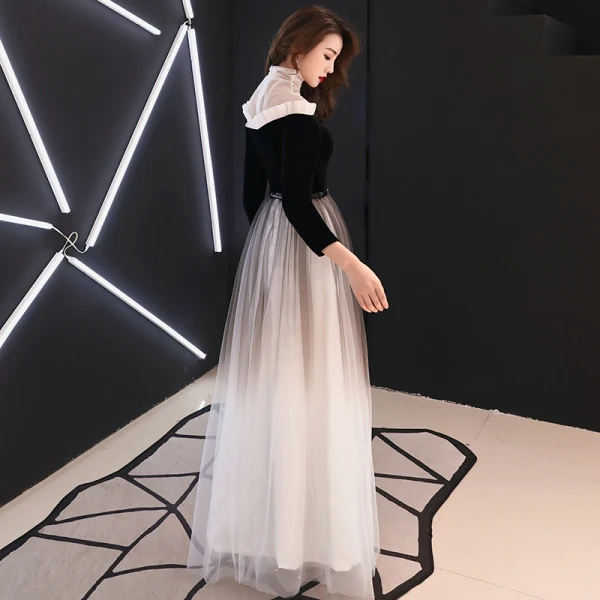 Vintage / Retro Black Gradient-Color See-through Evening Dresses 2019 A-Line / Princess High Neck 3/4 Sleeve Metal Sash Floor-Length / Long Ruffle Formal Dresses