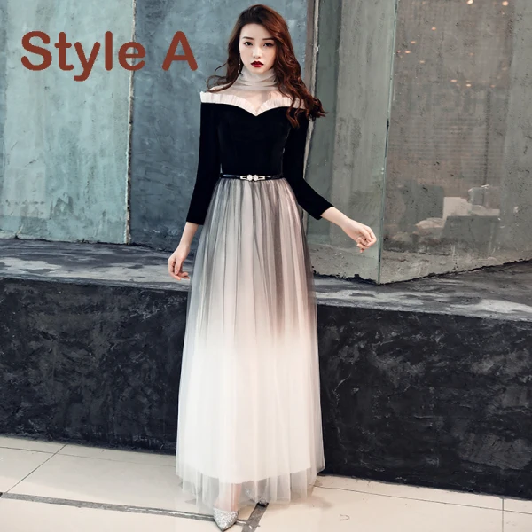 Vintage / Retro Black Gradient-Color See-through Evening Dresses 2019 A-Line / Princess High Neck 3/4 Sleeve Metal Sash Floor-Length / Long Ruffle Formal Dresses