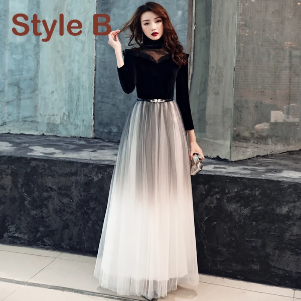 Vintage / Retro Black Gradient-Color See-through Evening Dresses 2019 A-Line / Princess High Neck 3/4 Sleeve Metal Sash Floor-Length / Long Ruffle Formal Dresses