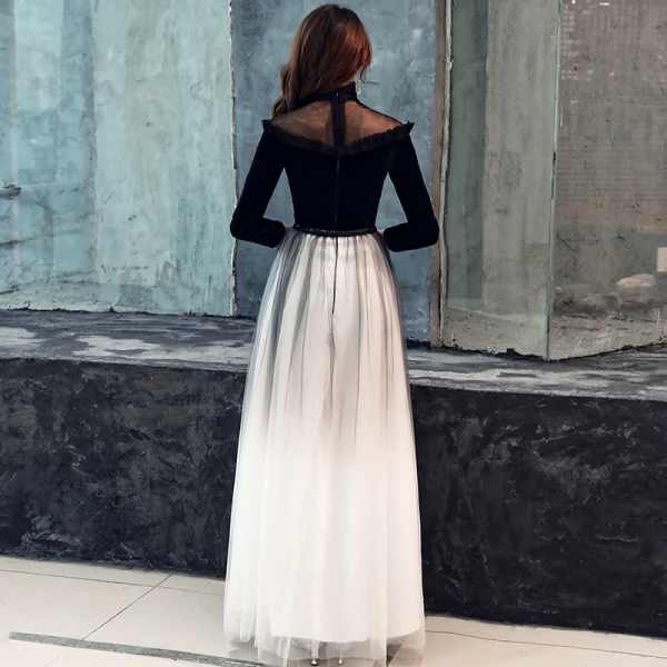 Vintage / Retro Black Gradient-Color See-through Evening Dresses 2019 A-Line / Princess High Neck 3/4 Sleeve Metal Sash Floor-Length / Long Ruffle Formal Dresses