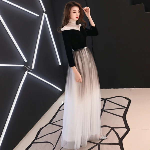 Vintage / Retro Black Gradient-Color See-through Evening Dresses 2019 A-Line / Princess High Neck 3/4 Sleeve Metal Sash Floor-Length / Long Ruffle Formal Dresses