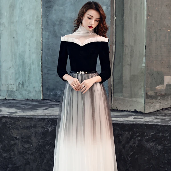 Vintage / Retro Black Gradient-Color See-through Evening Dresses 2019 A-Line / Princess High Neck 3/4 Sleeve Metal Sash Floor-Length / Long Ruffle Formal Dresses