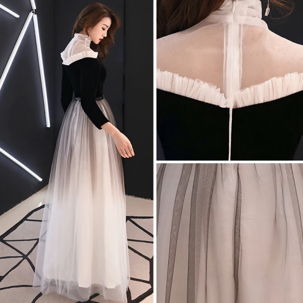 Vintage / Retro Black Gradient-Color See-through Evening Dresses 2019 A-Line / Princess High Neck 3/4 Sleeve Metal Sash Floor-Length / Long Ruffle Formal Dresses