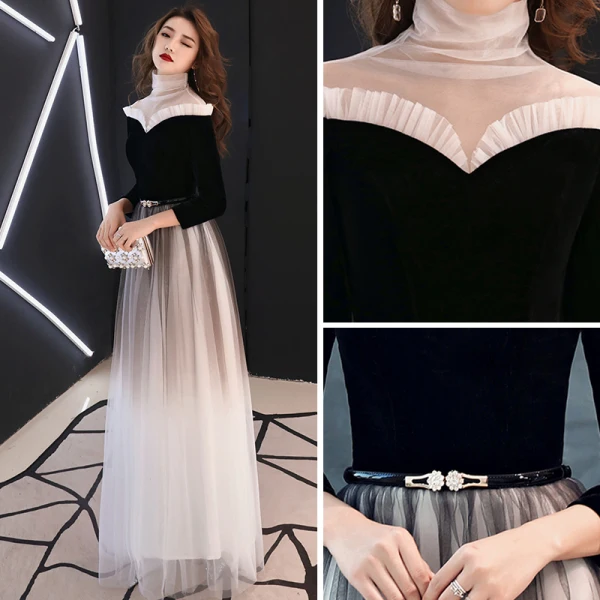 Vintage / Retro Black Gradient-Color See-through Evening Dresses 2019 A-Line / Princess High Neck 3/4 Sleeve Metal Sash Floor-Length / Long Ruffle Formal Dresses