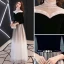 Vintage / Retro Black Gradient-Color See-through Evening Dresses  2019 A-Line / Princess High Neck 3/4 Sleeve Metal Sash Floor-Length / Long Ruffle Formal Dresses