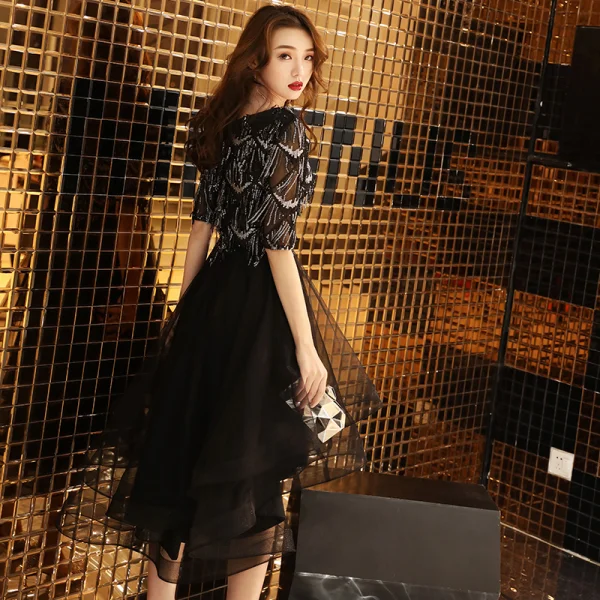 High Low Black Homecoming Graduation Dresses 2019 A-Line / Princess Scoop Neck 1/2 Sleeves Sequins Tassel Asymmetrical Ruffle Formal Dresses