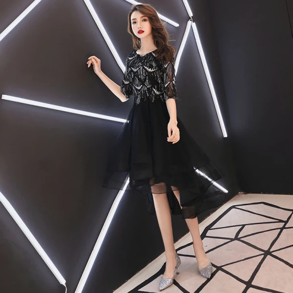 High Low Black Homecoming Graduation Dresses 2019 A-Line / Princess Scoop Neck 1/2 Sleeves Sequins Tassel Asymmetrical Ruffle Formal Dresses
