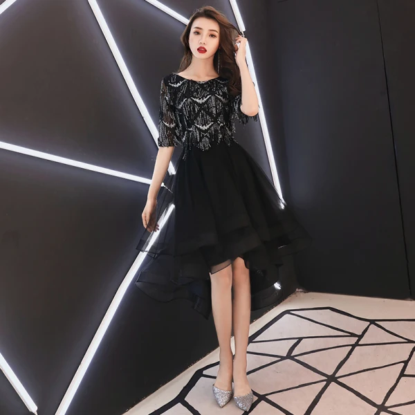 High Low Black Homecoming Graduation Dresses 2019 A-Line / Princess Scoop Neck 1/2 Sleeves Sequins Tassel Asymmetrical Ruffle Formal Dresses