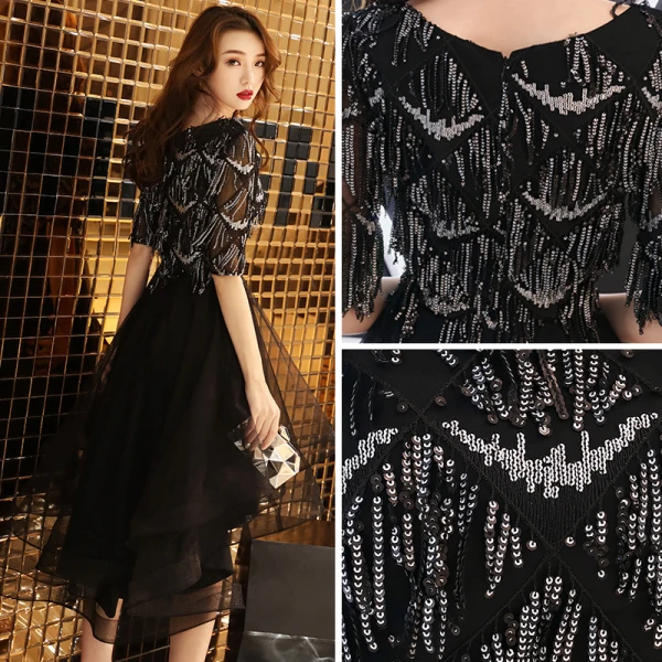 High Low Black Homecoming Graduation Dresses 2019 A-Line / Princess Scoop Neck 1/2 Sleeves Sequins Tassel Asymmetrical Ruffle Formal Dresses