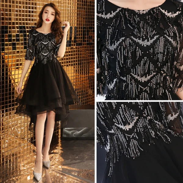 High Low Black Homecoming Graduation Dresses 2019 A-Line / Princess Scoop Neck 1/2 Sleeves Sequins Tassel Asymmetrical Ruffle Formal Dresses