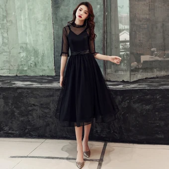 Vintage Retro Black See Through Homecoming Graduation Dresses 2019 A Line Princess High Neck 1 2 Sleeves Bow Sash Tea Length Ruffle Formal Dresses