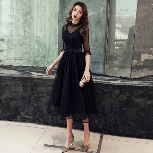 Vintage / Retro Black See-through Homecoming Graduation Dresses 2019 A-Line / Princess High Neck 1/2 Sleeves Bow Sash Tea-length Ruffle Formal Dresses