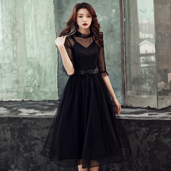 Vintage / Retro Black See-through Homecoming Graduation Dresses 2019 A-Line / Princess High Neck 1/2 Sleeves Bow Sash Tea-length Ruffle Formal Dresses