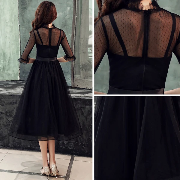 Vintage / Retro Black See-through Homecoming Graduation Dresses 2019 A-Line / Princess High Neck 1/2 Sleeves Bow Sash Tea-length Ruffle Formal Dresses