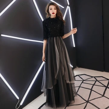 Chic Beautiful Black Evening Dresses 2019 A Line Princess High Neck 1 2 Sleeves Glitter Sequins Floor Length Long Ruffle Formal Dresses