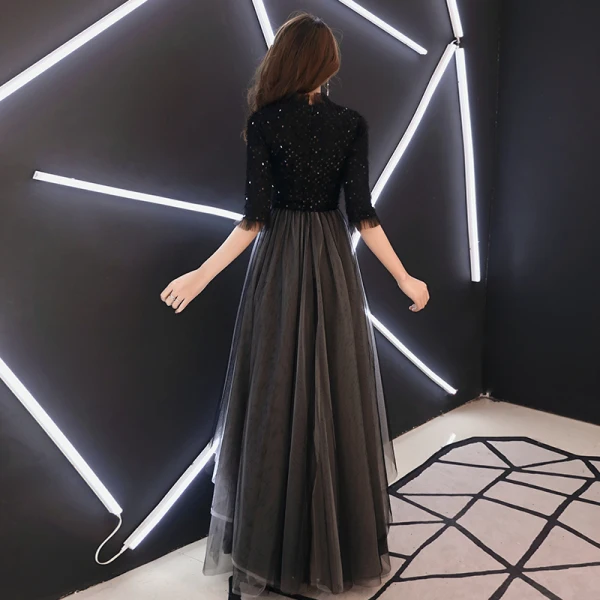 Chic / Beautiful Black Evening Dresses 2019 A-Line / Princess High Neck 1/2 Sleeves Glitter Sequins Floor-Length / Long Ruffle Formal Dresses