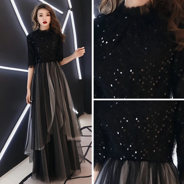Chic / Beautiful Black Evening Dresses 2019 A-Line / Princess High Neck 1/2 Sleeves Glitter Sequins Floor-Length / Long Ruffle Formal Dresses