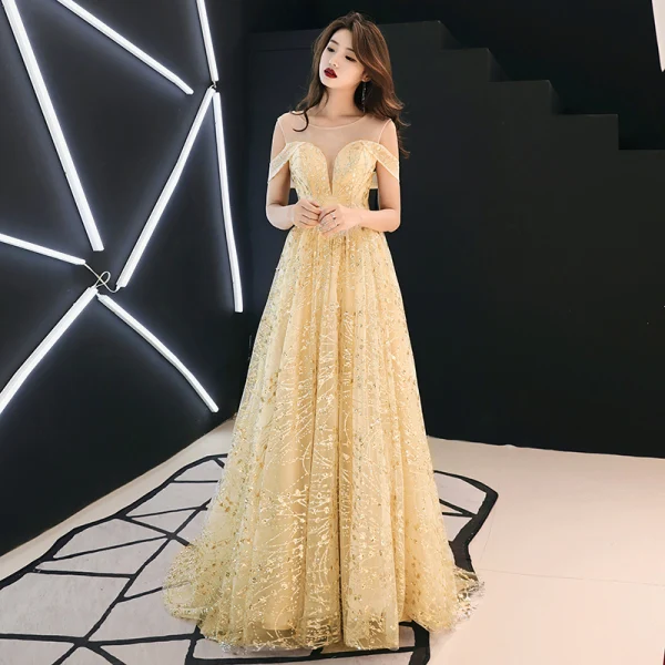 Modern / Fashion Gold See-through Evening Dresses 2019 A-Line / Princess Scoop Neck Short Sleeve Glitter Tulle Sweep Train Ruffle Backless Formal Modern / Fashion Gold See-through Evening Dresses 2019 A-Line / Princess Scoop Neck Short Sleeve Glitter Tulle Sweep Train Ruffle Backless Formal