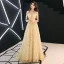 Modern / Fashion Gold See-through Evening Dresses  2019 A-Line / Princess Scoop Neck Short Sleeve Glitter Tulle Sweep Train Ruffle Backless Formal Dresses